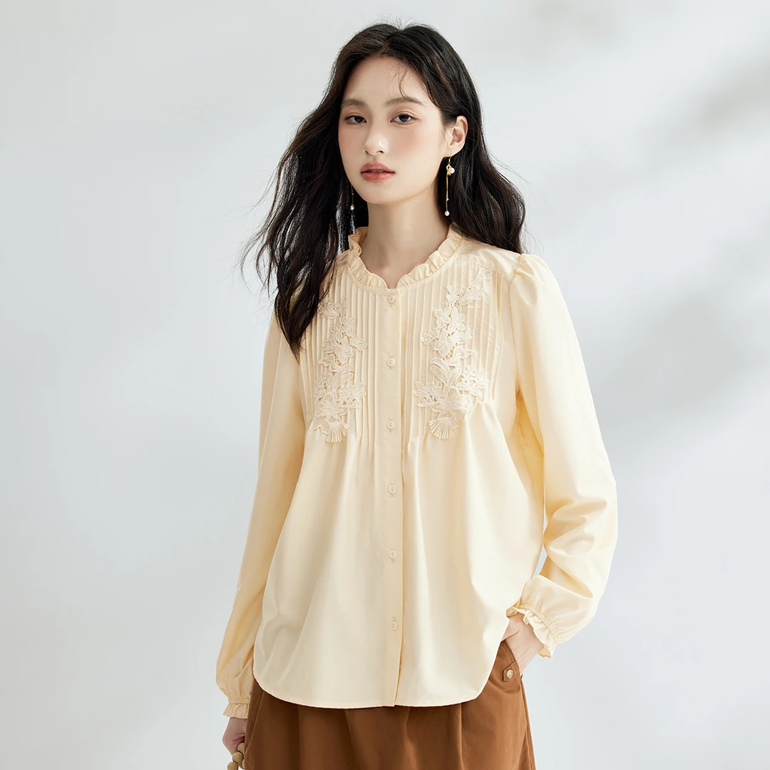 茵曼2024春秋新款女衬衫衬衣长袖气质休闲领通勤圆领甜美绣花爆款