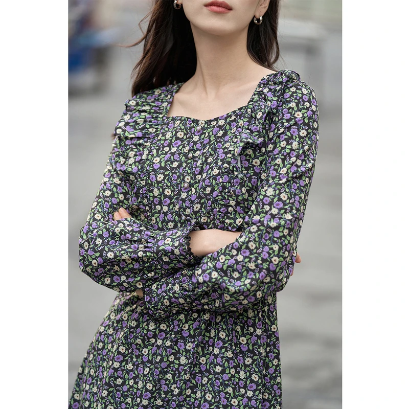 【女装】茵曼春秋女连衣裙长袖碎花气质显瘦新款休闲性感A字裙时尚