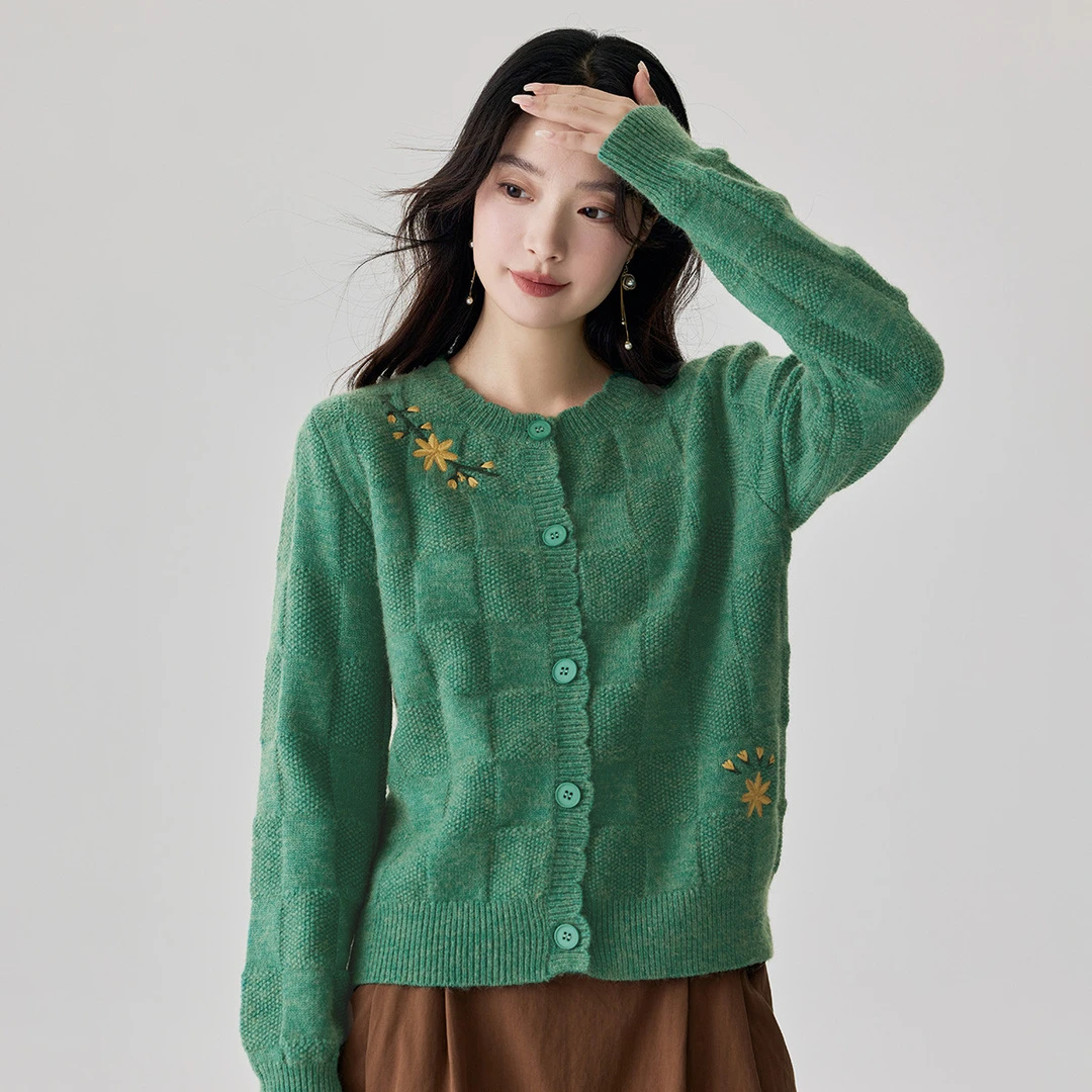 【秋冬毛衣】茵曼春秋女毛针织衫上衣开衫外套长袖新款圆领冬季薄款