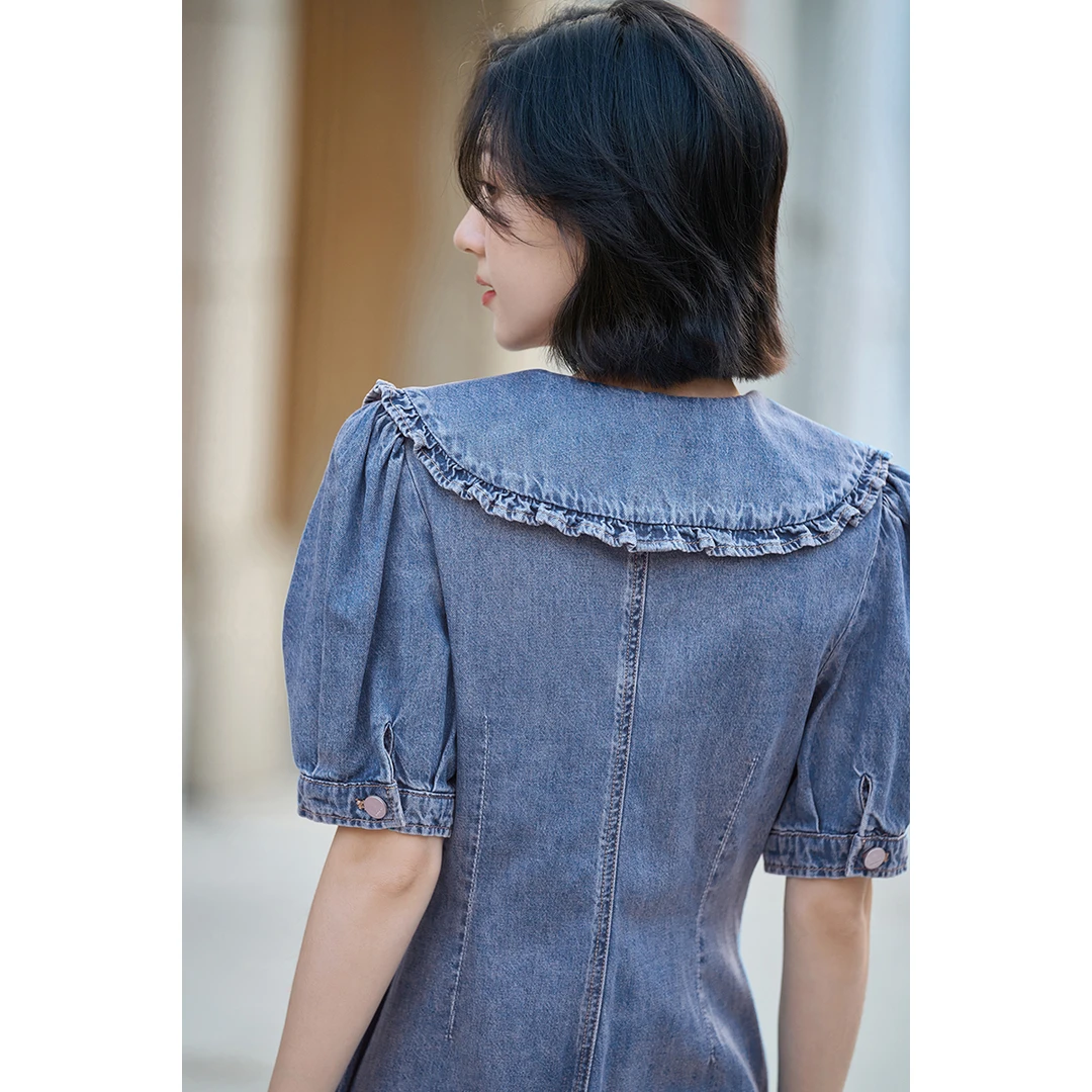 【雅丹风】茵曼夏季女连衣裙裙子新款牛仔短袖休闲娃娃时尚收腰通勤