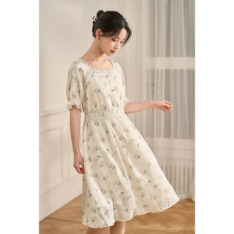 【雅丹风】茵曼夏季女连衣裙裙子碎花蕾丝新款短袖休闲印花时尚百搭