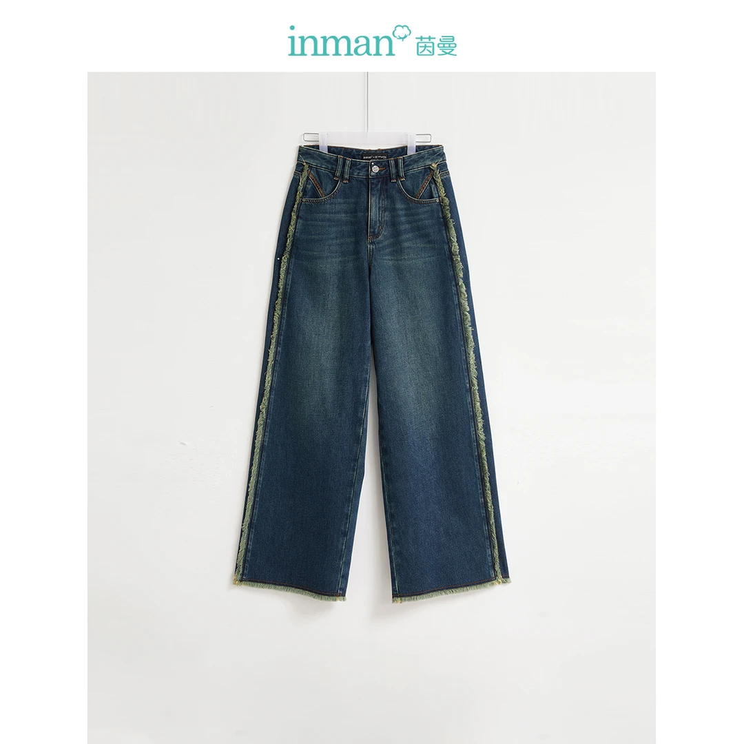 茵曼冬季女牛仔裤裤子直筒筒裤长裤高腰新款宽松女装休闲百搭水洗