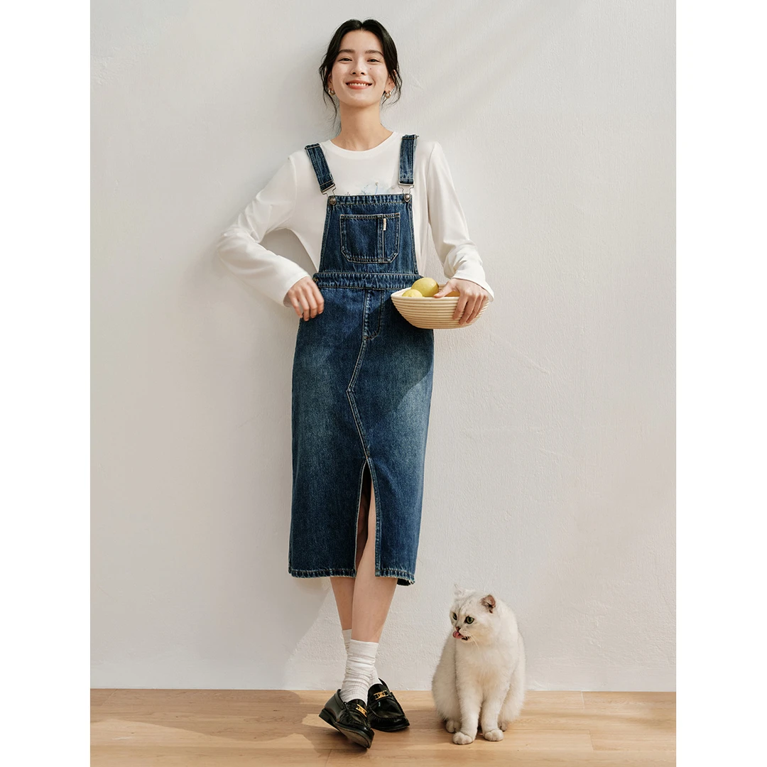 【商场同款】茵曼2024春秋新款女连衣裙长裙女装背带显瘦牛仔休闲