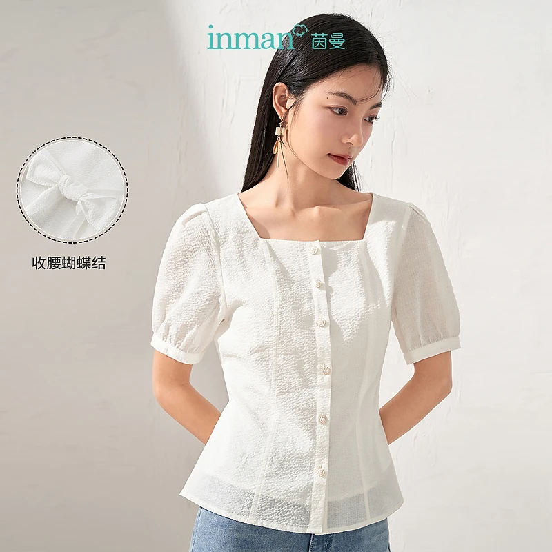 茵曼夏季女衬衫衬衣气质新款短袖泡泡袖显瘦休闲提花小众白色纯色