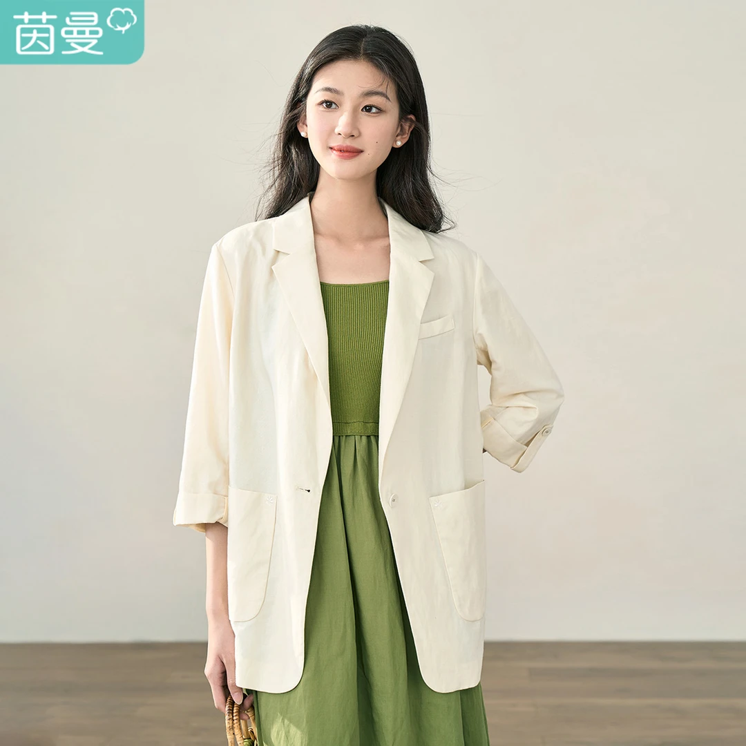 【商场同款】茵曼春秋女西装外套小女装上衣休闲通勤新款职业亚麻