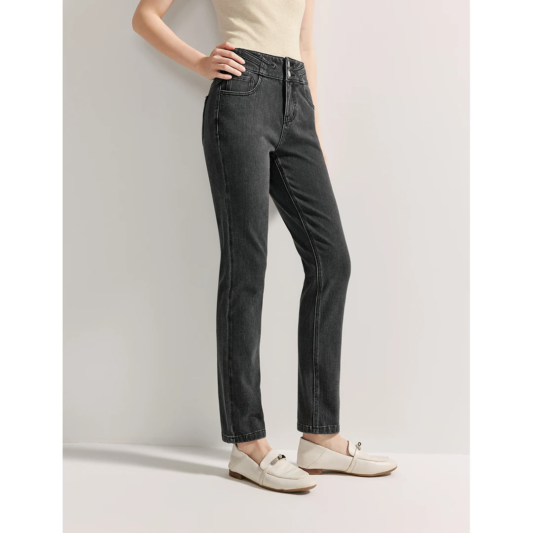 【商场同款】茵曼春秋女牛仔裤长裤铅笔高腰显瘦新款百搭深色休闲