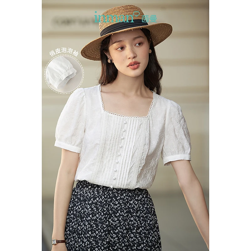 【女装】茵曼夏季女衬衫衬衣短袖气质女士泡泡袖宽松休闲高档套头