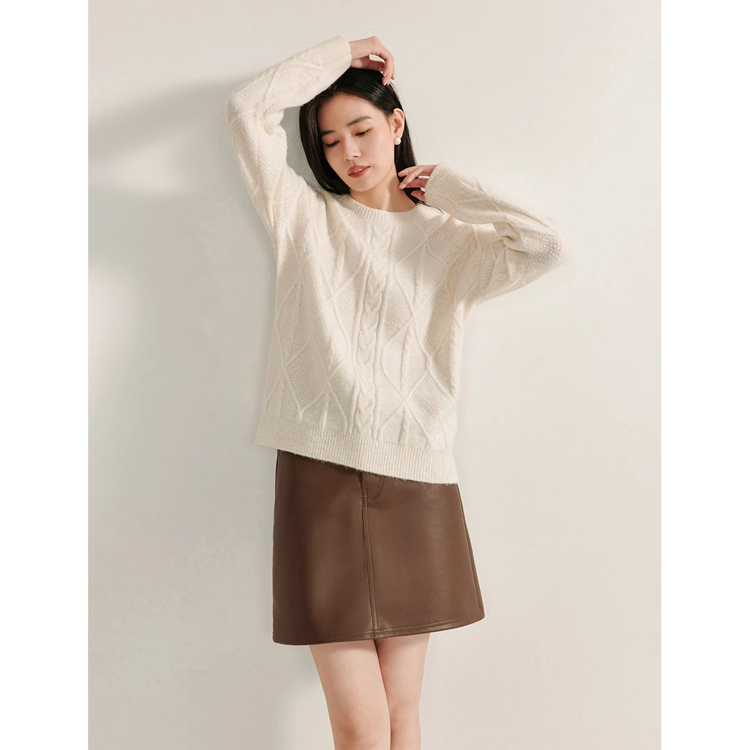 【商场同款】茵曼冬季女毛衣外套上衣针织套头毛衣宽松圆领麻花新款