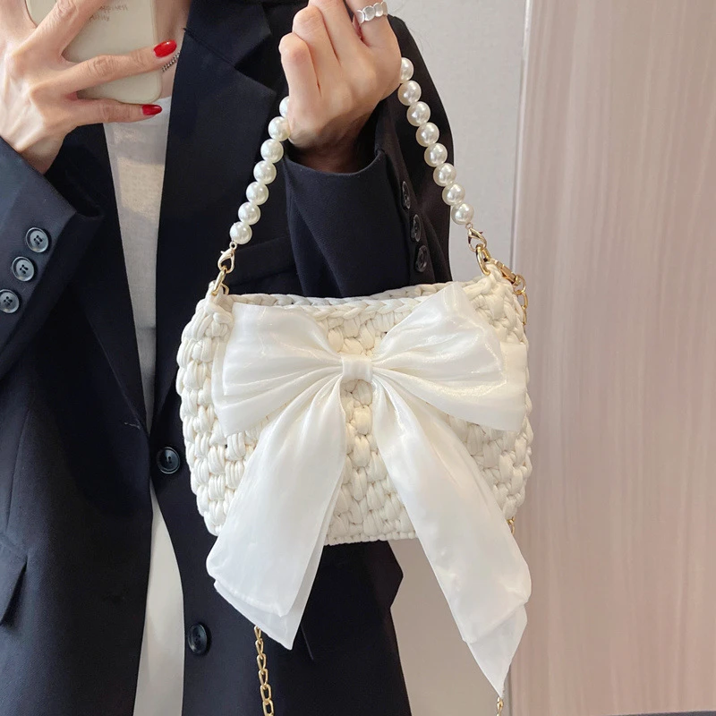 H大蝴蝶结珍珠手提包diy材料包手工钩织仙女风斜跨手提包毛线个性