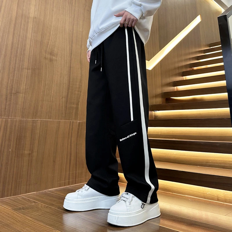 春季新款条纹裤子男生春秋季直筒垂感宽松高级运动裤阔腿休闲长裤