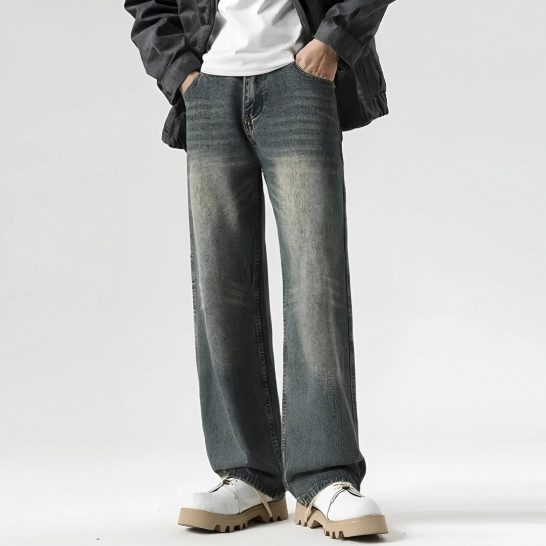 2024冬季加绒加厚牛仔裤男直筒裤美式复古水洗cleanfit做旧长裤子