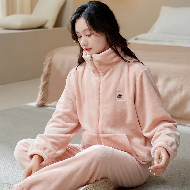出门款睡衣女秋冬季长袖加厚保暖珊瑚绒女士套装大码法兰绒家居服