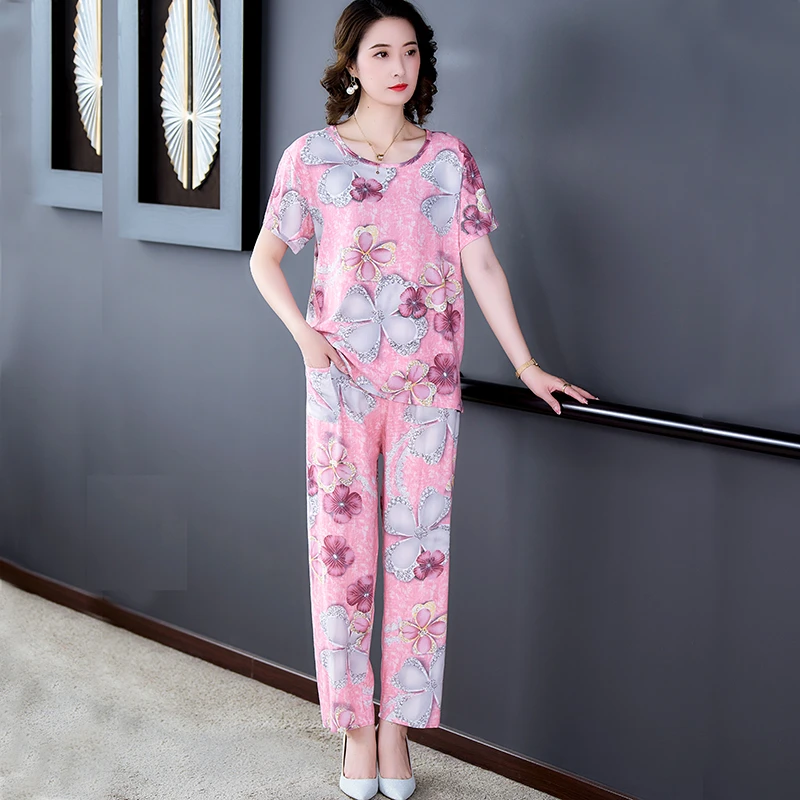 春夏绵绸新款中年妈妈棉绸睡衣女夏季短袖薄款家居服老人两件套装