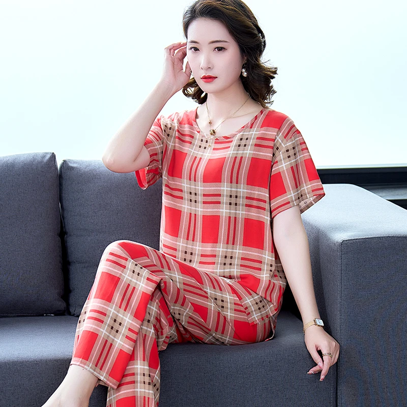 睡衣女士妈妈装棉绸短袖家居服妈妈夏天夏款薄款宽松两件套装绵绸
