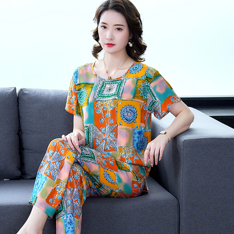 春夏绵绸新款中年妈妈时尚睡衣女夏季短袖薄款家居服老人两件套装