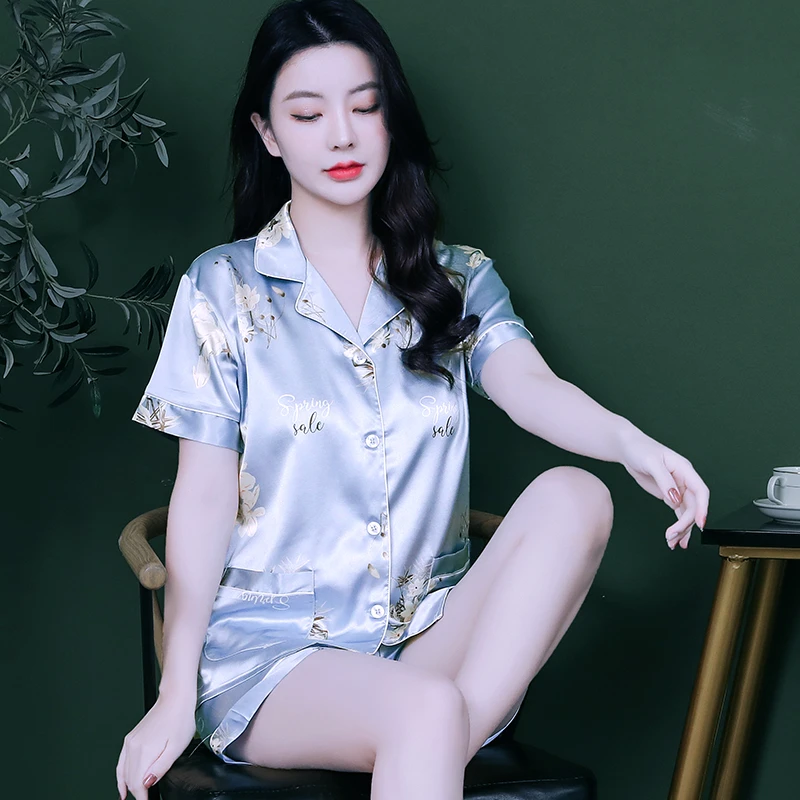 新品冰丝女短袖睡衣宽松套装女夏性感天大码胖mm家居服夏天短裤