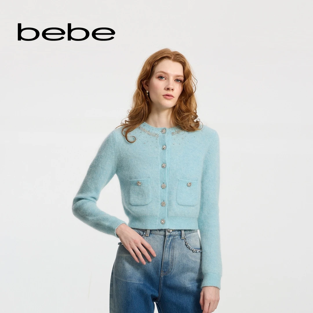 bebe新款女士气质蓝色短款时尚休闲长袖针织开衫430523
