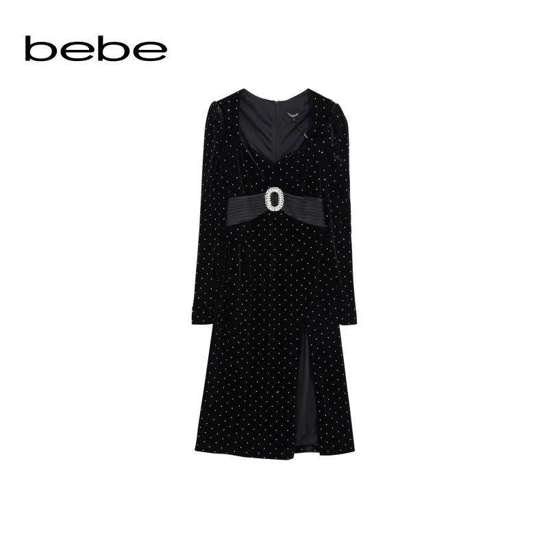 【梦颖专属】bebe秋冬经典纯色复古丝绒V领泡泡袖连衣裙350010