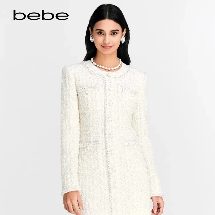 bebe新款女士经典小香风珍珠钻扣长袖圆领连衣裙150009