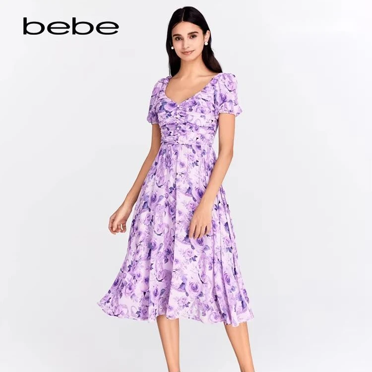 【玫瑰印花】bebe春夏系列女士浪漫长款连衣裙150007