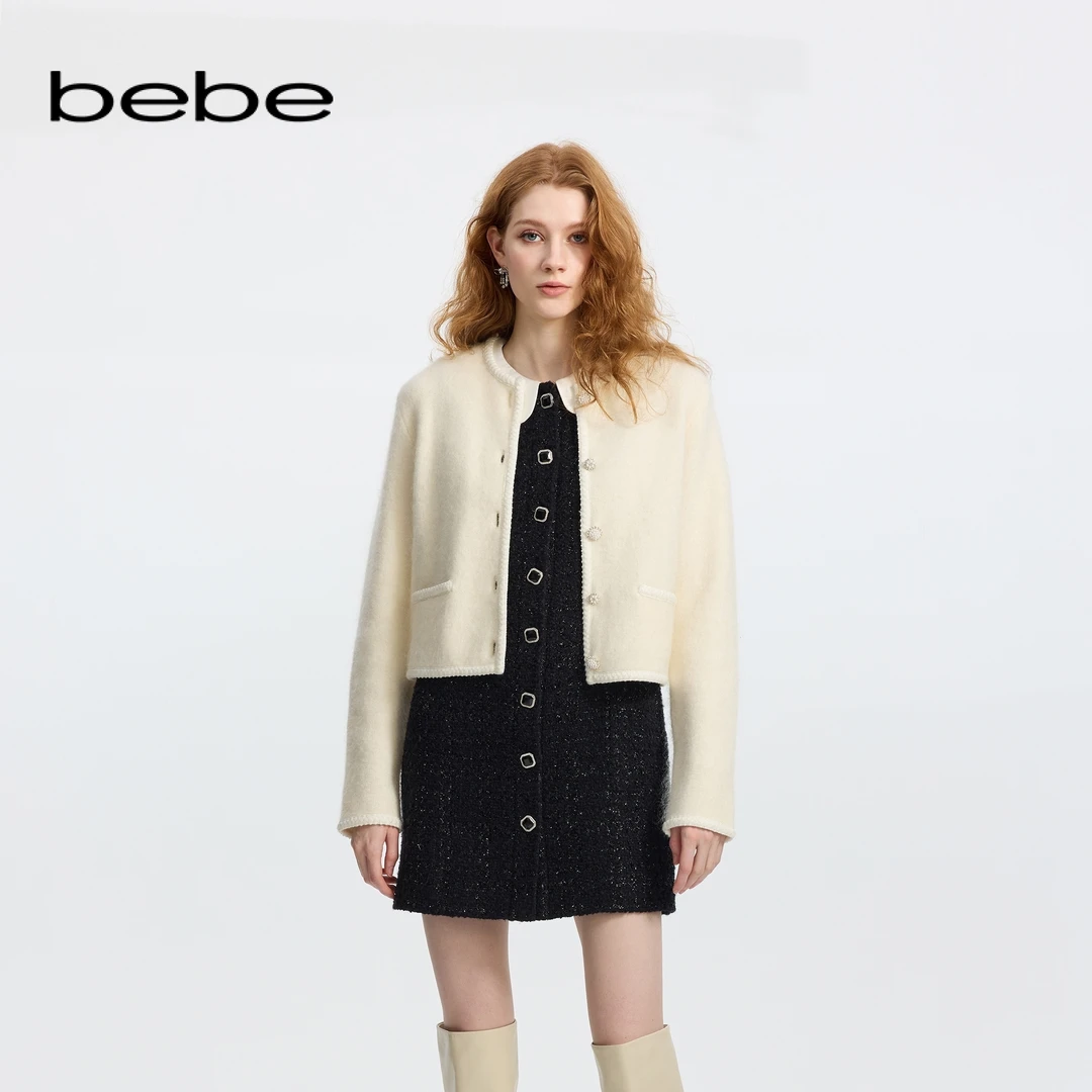 bebe冬季系列女士含羊毛长袖纽扣织带缀饰针织开衫430601