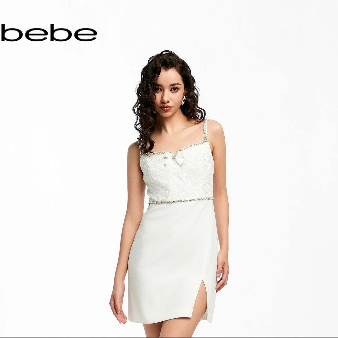 bebe新款女士吊带开叉钻饰花边蝴蝶结连衣裙250028