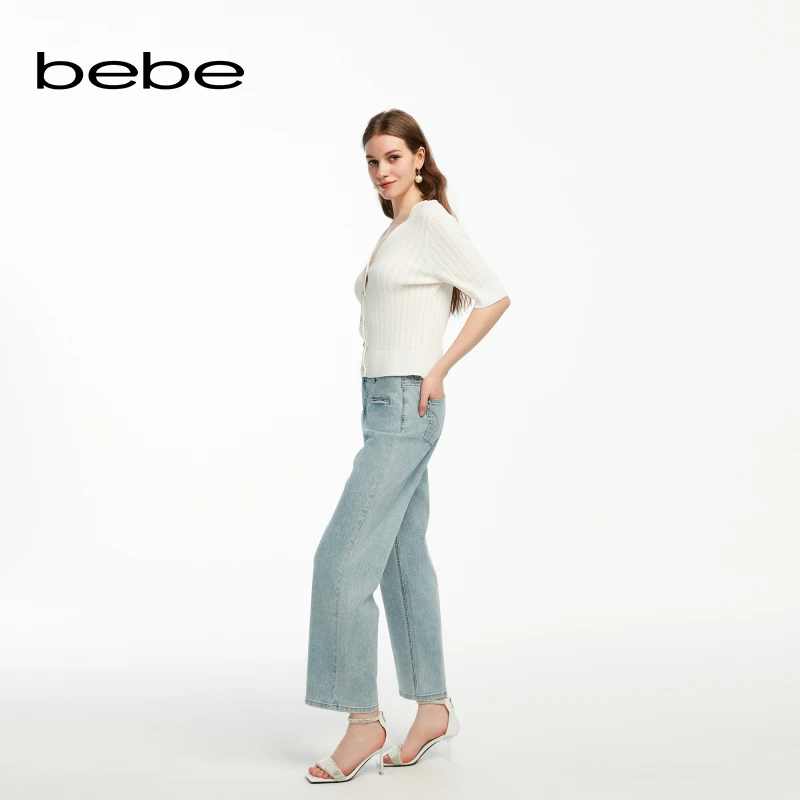 【经典延续】bebe夏季系列女士薄款V领短袖针织开衫230604