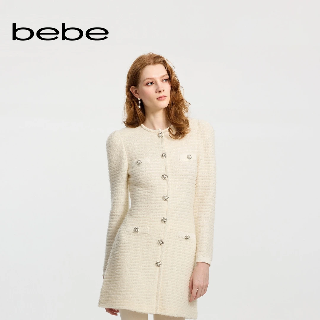 bebe冬季女士含羊毛条纹肌理感收腰圈圈纱针织连衣裙430911