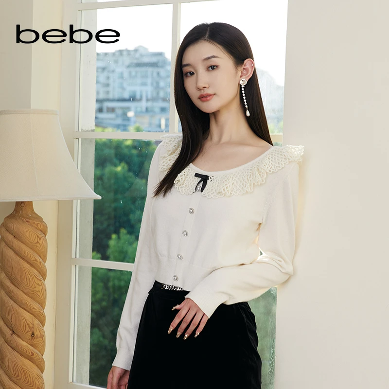 bebe甜美百搭纯色打底白色小香风圆领气质蕾丝蝴蝶结针织衫330505