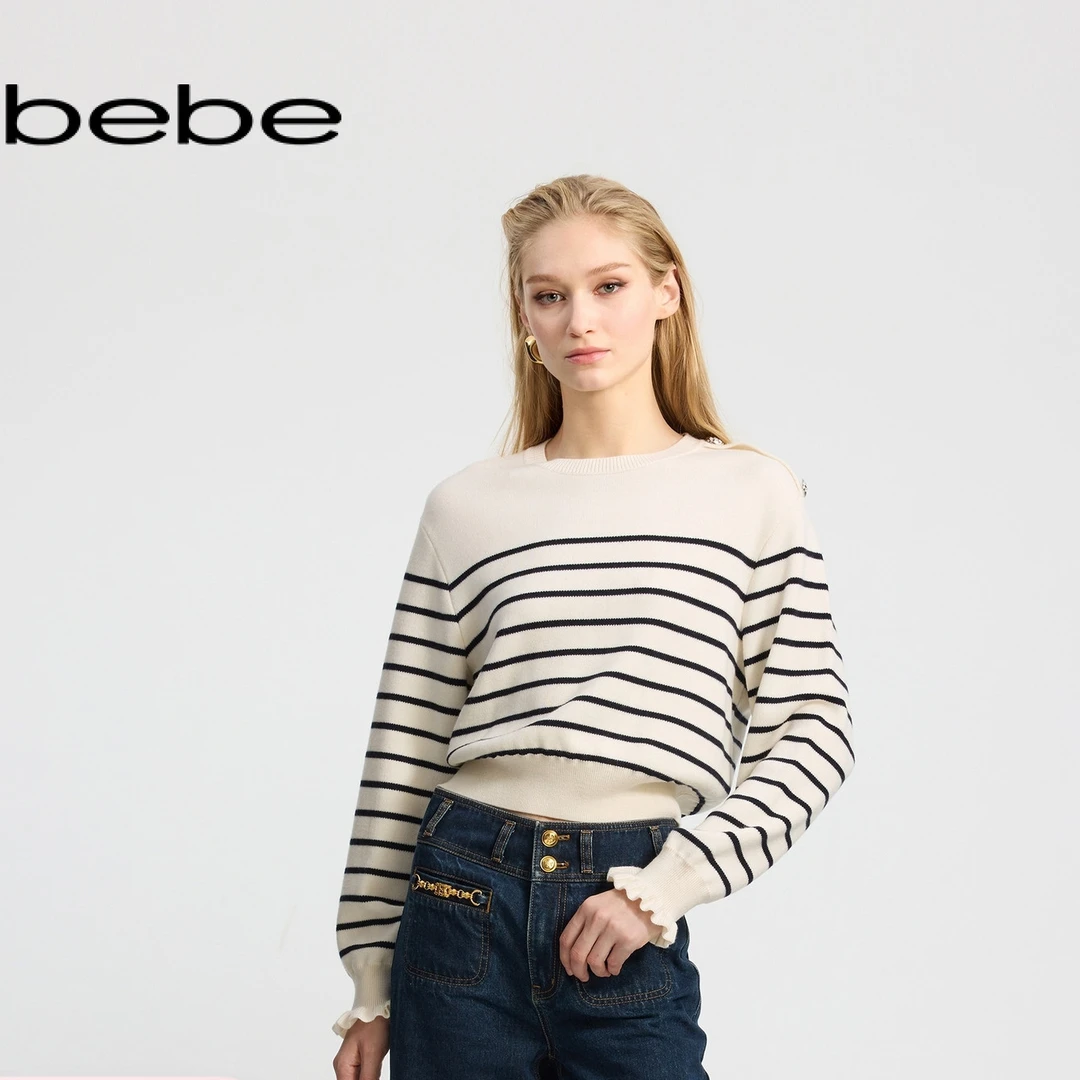 bebe冬季女士含羊毛慵懒风撞色条纹圆领针织上衣430504
