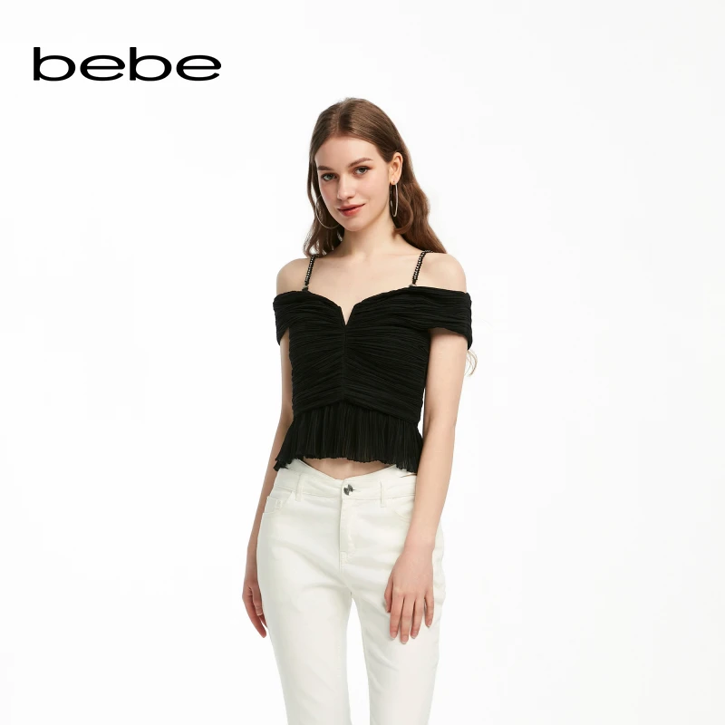 bebe夏季系列女士气质一字领肩链荷叶边短款上衣280401