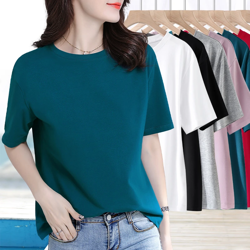 深蓝色宽松圆领精梳棉短袖t恤女夏季休闲百搭中老年大码上衣#798