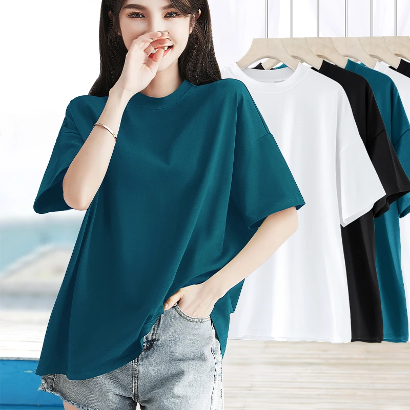 宽松棉质半高领短袖t恤女夏季新款女士半袖遮肉大码体恤上衣#711