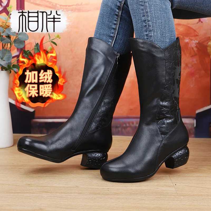 相伴真皮秋冬保暖加绒骑士中跟长筒粗跟女靴52540