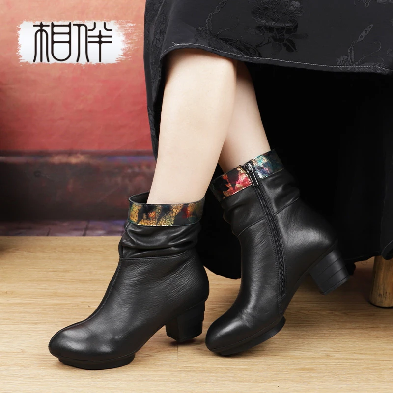 相伴复古真皮牛皮女士短筒靴子民族风粗跟国风加绒保暖靴子52916