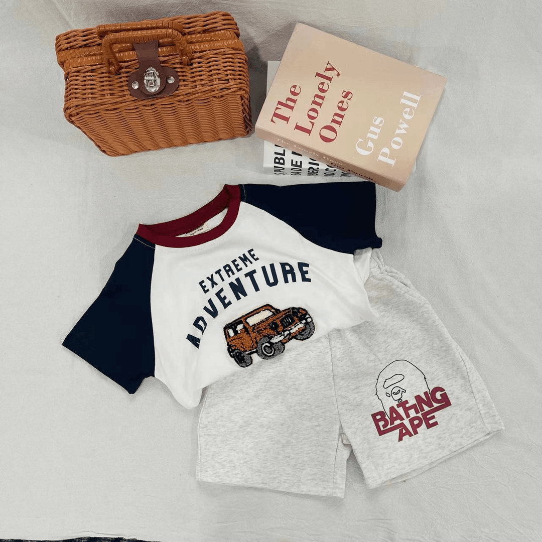 【90-140码男女夏款】2024夏季新款 简约帅气可爱休闲 T恤+短裤套装