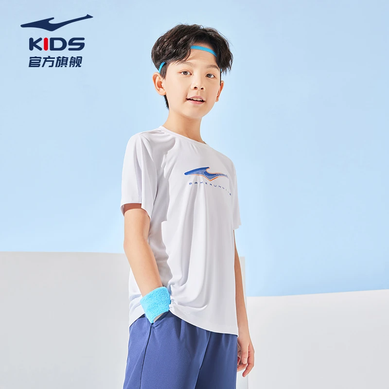 鸿星尔克儿童夏季户外休闲运动透气短袖宽松全童段印花中大童吸湿