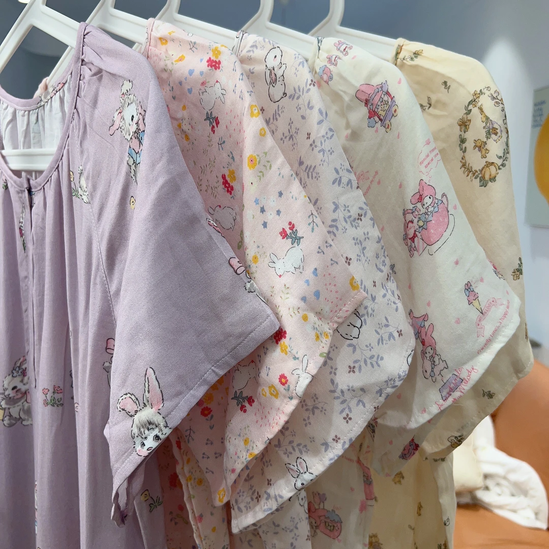 全棉夏季碎花卡通印花短袖宽松舒适棉纱连衣裙