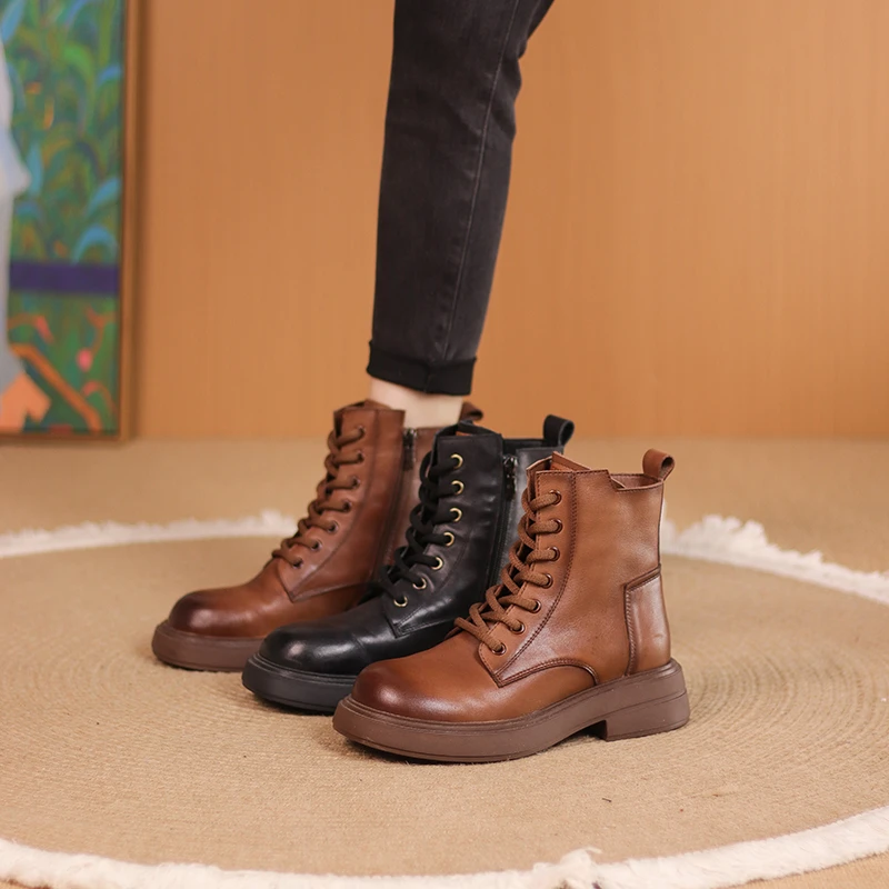 9679秋冬2023新款百搭复古真皮厚底英伦风马丁靴粗跟中筒时尚女靴