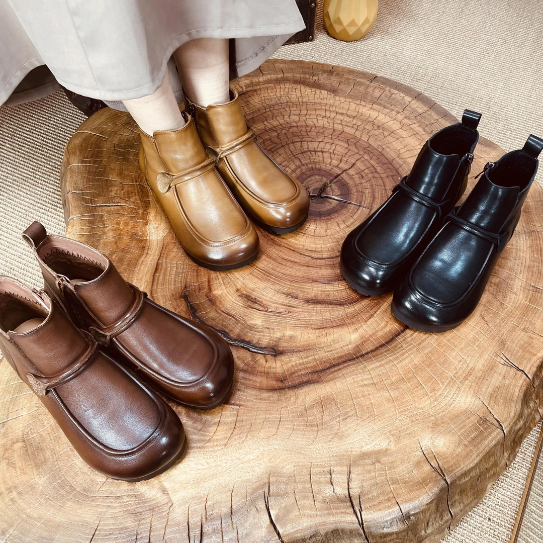 听纯8917女复古女靴平底百搭英伦风洋气休闲圆头短靴真皮马丁靴女