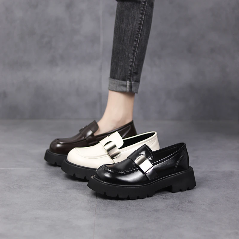 听纯3707春季2024复古百搭单鞋粗跟圆头软底时尚女鞋厚底乐福鞋女