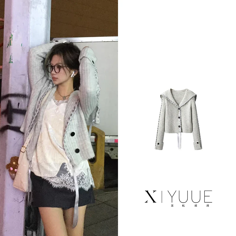 V397冬装百搭宽松设计感飘带海军领针织衫开衫毛衣外套上衣女397