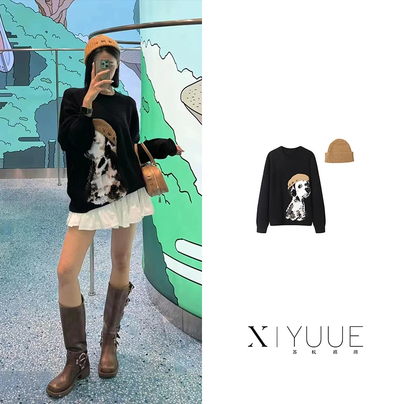 R335冬新休闲时尚气质百搭趣味狗狗绣花长袖圆领针织衫女335