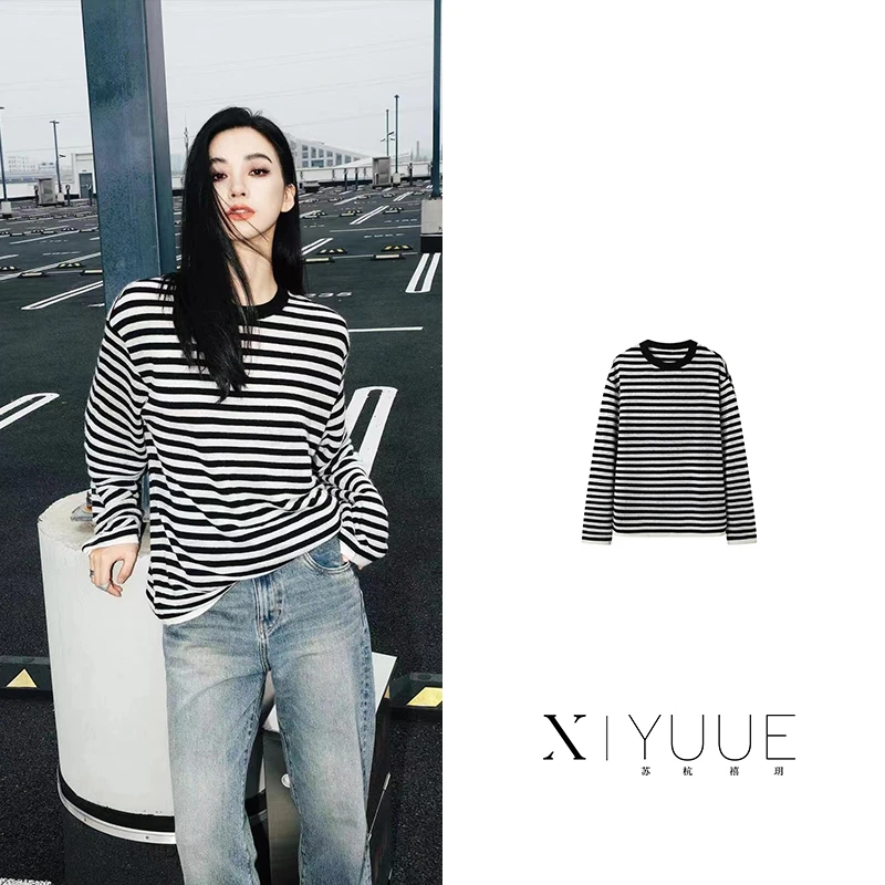 M087冬季新款宽松复古经典黑白条纹圆领长袖针织衫毛衣上衣女087