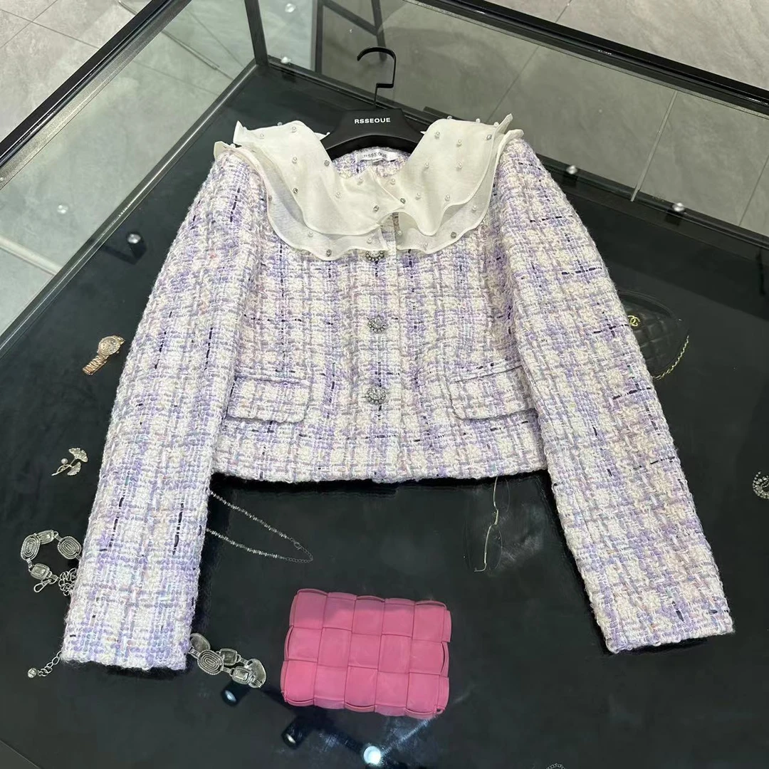 温柔精致灰紫色小香风外套女2024秋冬新款高级感气质通勤外套