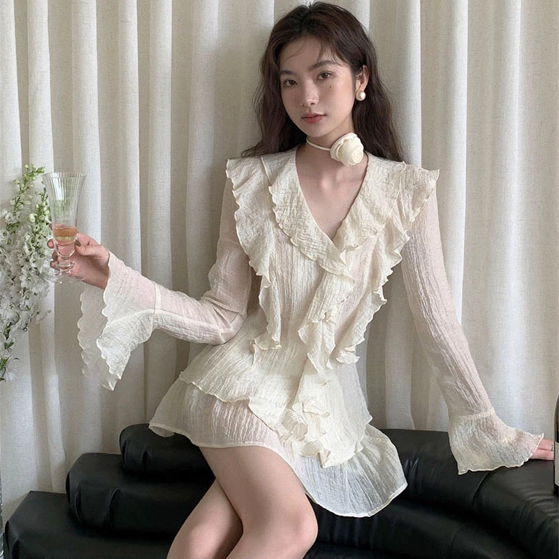2024春季新款韩版设计感甜美长袖衬衫套装法式气质高腰短裙两件套