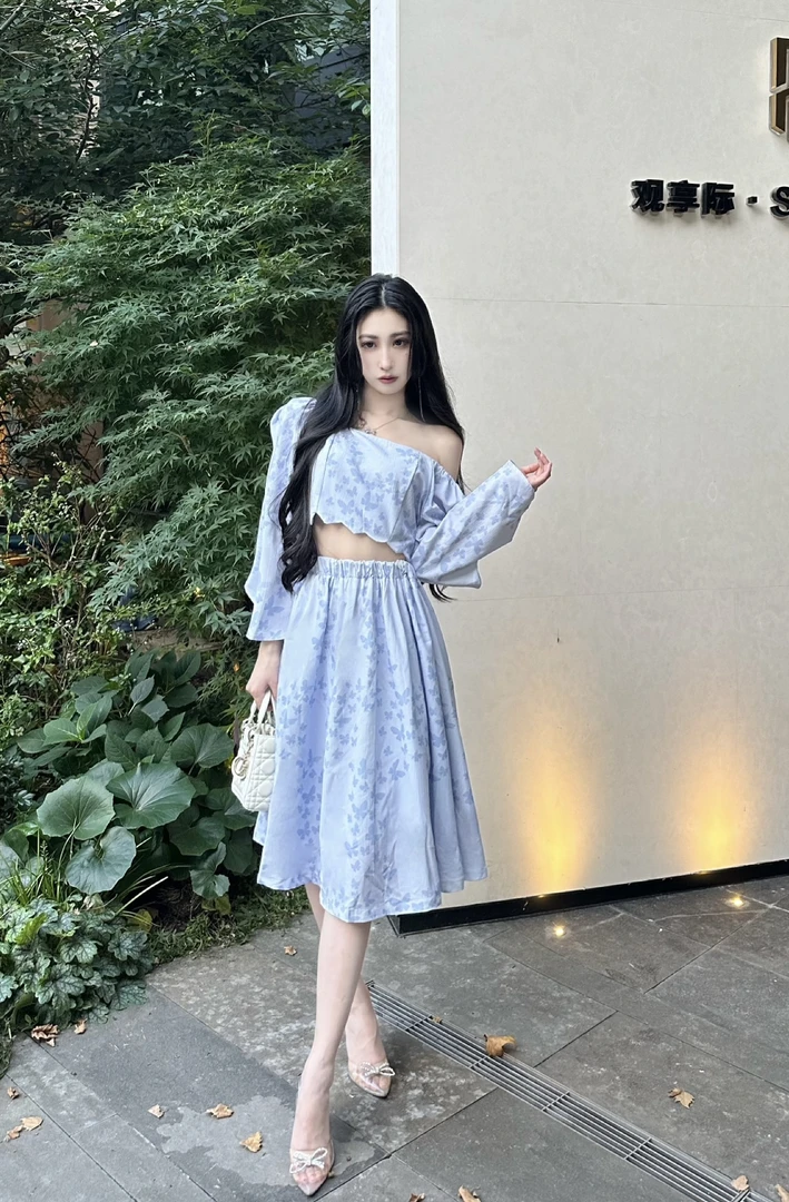 紫色套装连衣裙两件套碎花蝴蝶套装氛围感套装裙子显瘦新款夏季