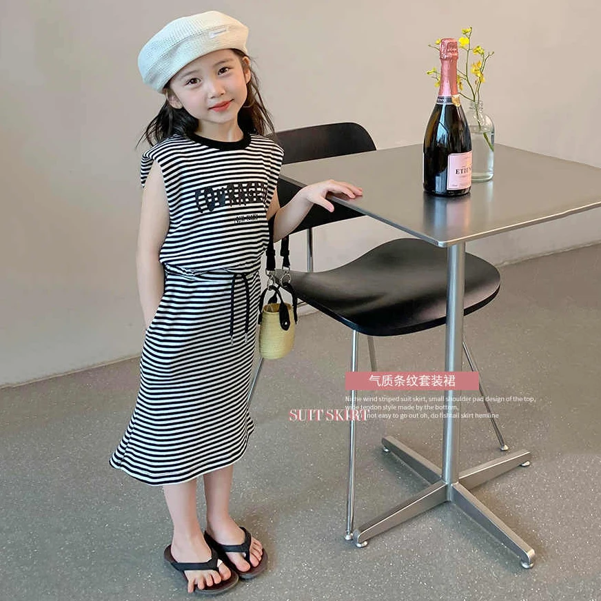 儿童套装裙2025夏季新款女童韩版时尚条纹无袖短袖半身裙两件套潮