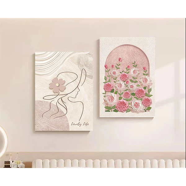 新款浅色系砂岩画现代画客厅轻奢风背景两联美观防水玫瑰花
