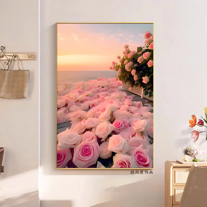 砂岩画粉色玫瑰花欧风格视觉客厅玄关走廊商场单幅挂画防水装饰画